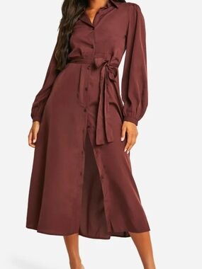 Boohoo Burgundy Button-Front Maxi Shirt Dress with Waist Tie